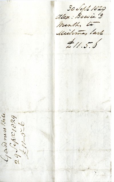 Devonshire MSS AS 3101, folio fra et bundt sedler afgjort af Pinder Simpson for Lord George Cavendish, inklusive Alexander Bowies seddel af English School