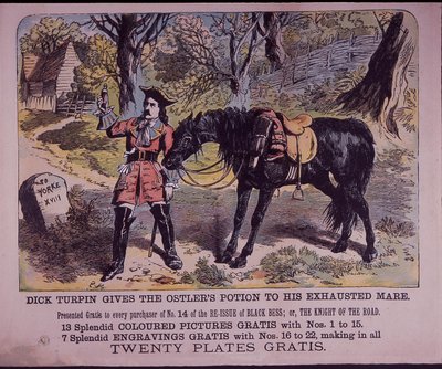 Dick Turpin med sin hest Black Bess på vej til York (farve litho) af English School