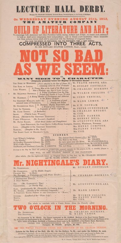 Dickens playbill: Not So Bad As We Seem at Lecture Hall, Derby, program for 25. august 1852 af English School