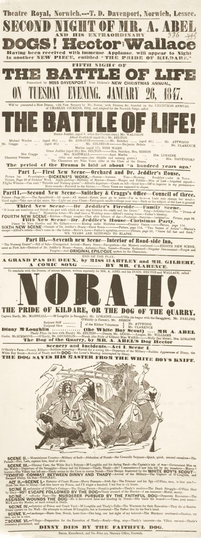 Dickens playbill: The Battle of Life, på Theatre Royal, Norwich, 26. januar 1847 af English School