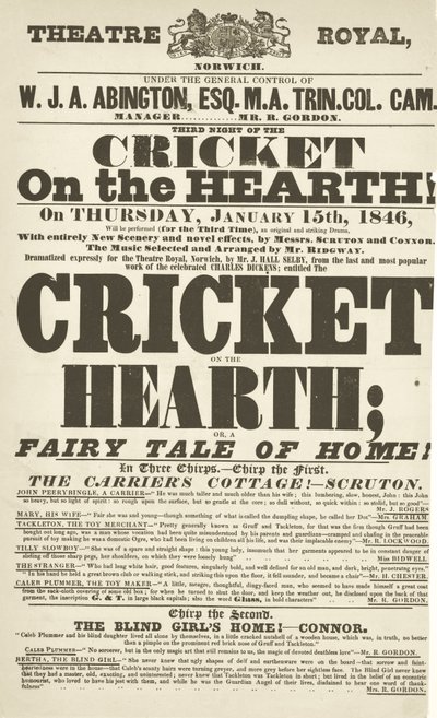 Dickens playbill: The Cricket on the Hearth på Theatre Royal, Derby, 15. januar 1846 af English School