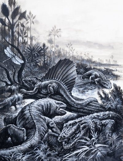 Dinosaurer (gouache på papir) af English School
