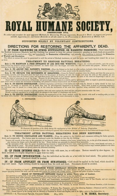 Vejledning til genoprettelse af de tilsyneladende døde; udstedt af Royal Humane Society, maj 1872 af English School
