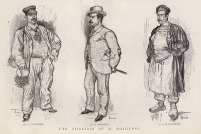 Forklædninger brugt af den parisiske politidetektiv Gustave Rossignol (litho) af English School