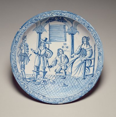 Fad med dronning Catherine siddende med en sko monteret af en knælende Cavalier, 1677 (tinglaseret lertøj) af English School