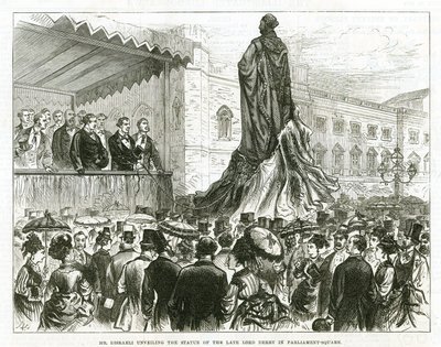 Disraeli afslører statuen af den afdøde Lord Derby på Parliament Square, Westminster af English School