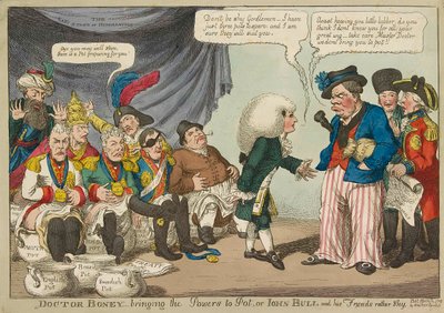 Doctor Boney_bringing the Powers to Pot ..., 1808 håndfarvet gravering. af English School