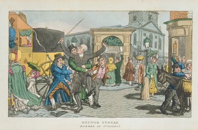 Doktor Syntax wird in St. Giles ausgeraubt, aus The Tour of Doctor Syntax through London, or the Pleasures and Miseries of the Metropolis. Ein Gedicht, veröffentlicht 1820 von English School