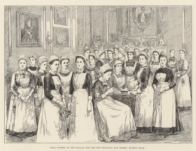 Dukkesygeplejersker på basaren for det nye hospital for kvinder, Euston Road (gravering) af English School