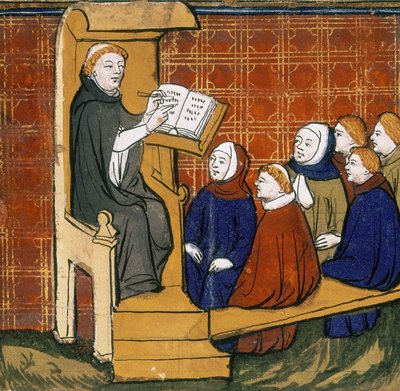 Dominikansk lærer, siddende med bog placeret på en talerstol, med elever siddende på jorden foran ham. ""Livre des Proprietes des Choses"", begyndelsen af det femtende århundrede. af English School