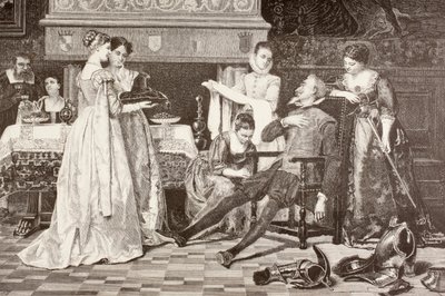 Don Quixote i hertugen og hertugindens hus (litho) af English School