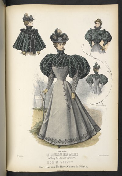Doris fløjl, Til bluser, overdel, kapper og nederdele,  Tallerken 2250, Doris fløjl til bluser, overdel, kapper og nederdele,  Dressmakeren og mølleren,  1895 af English School
