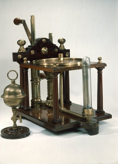 Dobbeltløbet luftpumpe med Magdeburg-halvkugler, ca. 1800 af English School