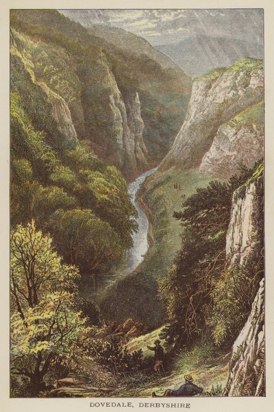 Dovedale, Derbyshire (farvet gravering) af English School
