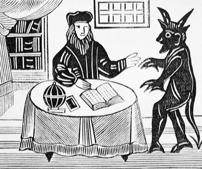 Dr. Faustus in Counsel with the Devil, fra Gents oversættelse af Dr. Faustus af Christopher Marlowe (1564-93) 1648 fra en samling kapbøger om esoterica af English School
