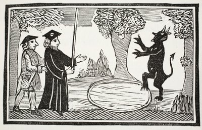 Dr. Faustus raiser the Devil, illustration fra Chap-books of the Eighteenth Century af John Ashton, pub. 1882 af English School