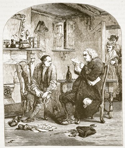 Dr. Johnson læser manuskriptet af Vicar of Wakefield, illustration fra Cassells Illustrated History of England (sepiafoto) af English School