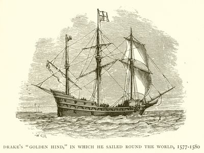 Drakes Golden Hind, hvor han sejlede jorden rundt, 1577-1580 af English School