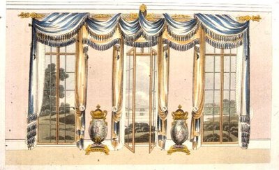 Tegnestue vinduesgardiner, plade 109 fra Ackermanns Kunstdepot, udgivet 1820 (farve litho) af English School