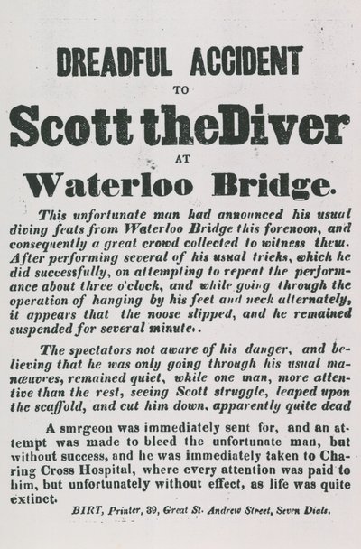 Forfærdelig ulykke af Scott the Diver ved Waterloo Bridge af English School