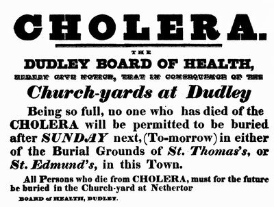 Dudley Board of Health-plakat, der annoncerer begravelsesproceduren for mennesker, der er døde af kolera, ca. 1840