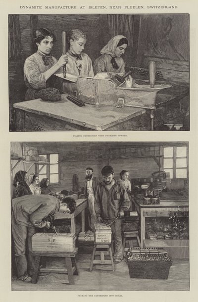 Dynamitfremstilling i Isleten, nær Fluelen, Schweiz (gravering) af English School