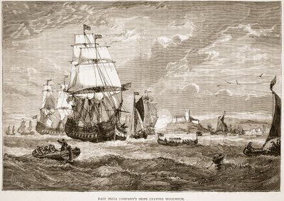 East India Company-skibe, der forlader Woolwich, illustration fra Cassell