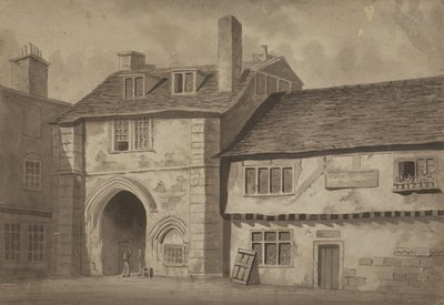 Østudsigt over porten til Abbey of St Saviour, Bermondsey, ca. 1825 (pen, blyant og vask på papir) af English School