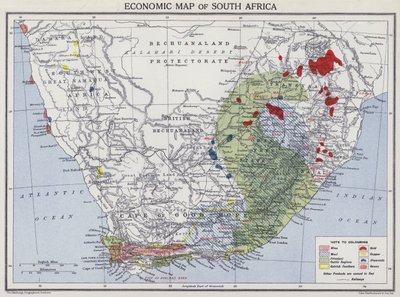 Økonomisk kort over Sydafrika (farve litho) af English School