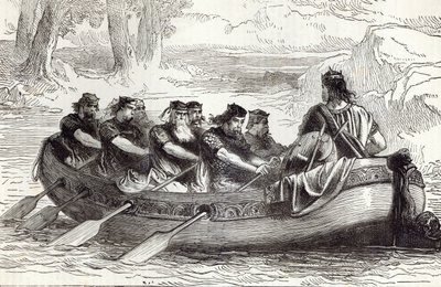 Edgar Stillehavet bliver roet ned ad floden Dee af Eight Tributary Princes, illustration fra 