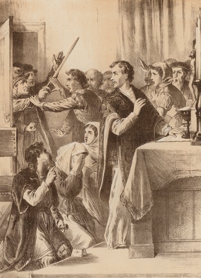 Edmund Genings, "Brød døren op til kammeret, hvor han fejrede" (litho) af English School