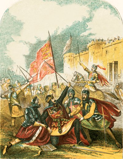 Edward I vifter med spyddet og sværger, han vil hænge manden, der kastede det af English School
