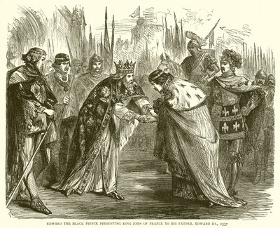 Edward den sorte prins præsenterer kong John af Frankrig for sin far, Edward III, 1357 af English School