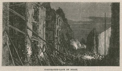 Virkningerne af eksplosionen ved Clerkenwell: Corporation Lane om natten af English School