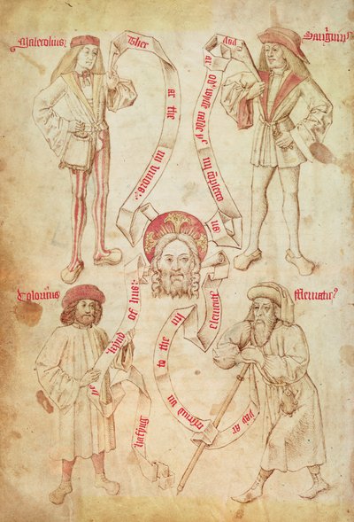 F.eks. 2572 f.51v The Four Humors, fra Guild Book of the Barber Surgeons of York (vellum) af English School