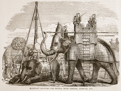 Elefant udstyret til kamp, med rustning, howdah osv., illustration fra Cassells Illustrated History of India af James Grant, pub. 1879 af English School