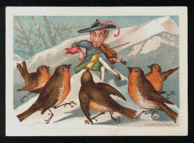 Elf med en violin, der underholder en gruppe af robiner, nytårs lykønskningskort. (chromolitho) af English School
