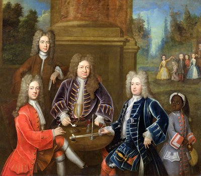 Elihu Yale (1648-1721), den anden hertug af Devonshire, Lord James Cavendish, Mr Tunstal and a Page, ca. 1708 af English School