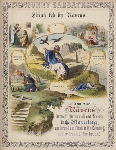 Elias fodres af ravne (farvet indgravering) af English School