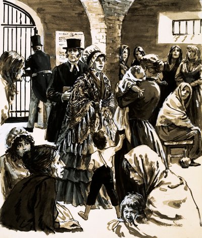 Elizabeth Fry blev en forkæmper for fængselsreform efter at have besøgt Newgate Prison (gouache på papir) af English School