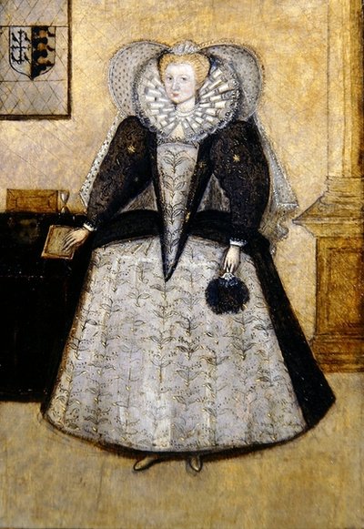 Elizabethansk portræt af en ung gift fru Golbourne, født Fleetwood (olie på panel) af English School