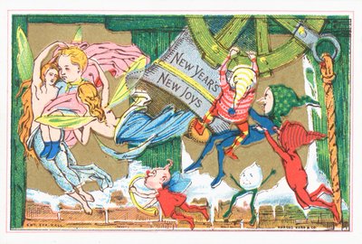 Elfer og engle fejrer nytår, nytårskort af English School