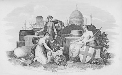 Symbolische Darstellung von Handel und Überfluss, die der Stadt London den Reichtum der vier Weltteile präsentieren von English School