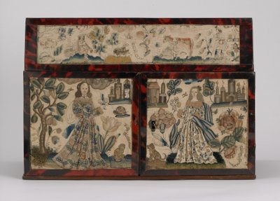Broderet kiste, ca. 1660 (silke, lærred, træ, skildpadde og sølvbeslag) af English School