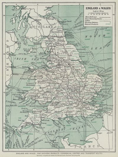England og Wales, kort med produkter, handelscentre og transportruter (litho) af English School