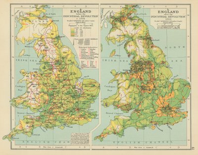 England før den industrielle revolution ca. 1701. England efter den industrielle revolution 1911 (farvelitografi) af English School