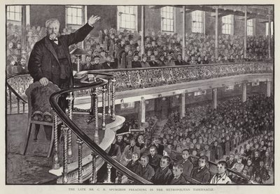 Den engelske baptistprædikant Charles Haddon Spurgeon prædiker ved Metropolitan Tabernacle, London (litho) af English School