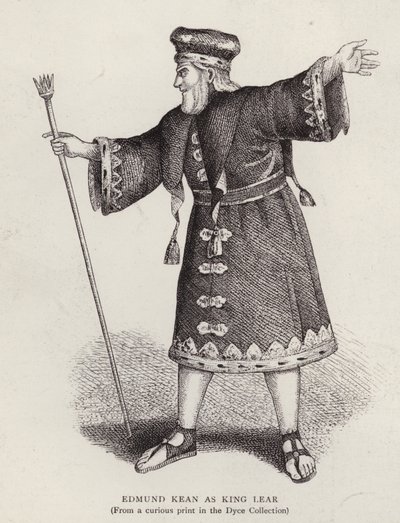 Den engelske skuespiller Edmund Kean i titelrollen i Shakespeares King Lear (litho) af English School