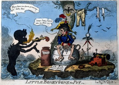 Engelsk tegneserie, der forestiller kejser Napoleon I i eksil på Elba-øen: siddende på sin nye trone i form af en kammerpotte, giver en dæmon ham en pistol, hvis han har modet til at bruge den. maj 1814. af English School