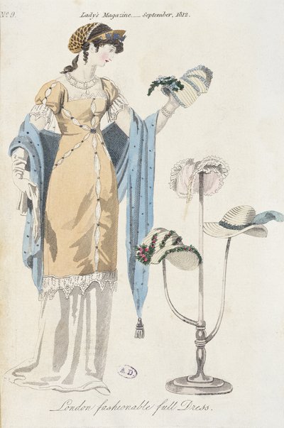 Engelsk modeplade, der forestiller en ung kvinde, der vælger en hat, 1812 af English School